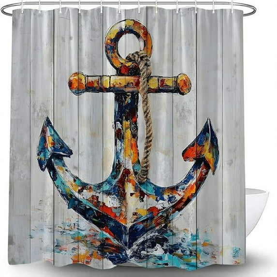 Anchor Shower Curtain Nautical Rustic Planks Vintage Ocean Beach Sea Marine Farmhouse Oil Painting Coastal Art Bath Curtain With Hooks 72"W x 78"L