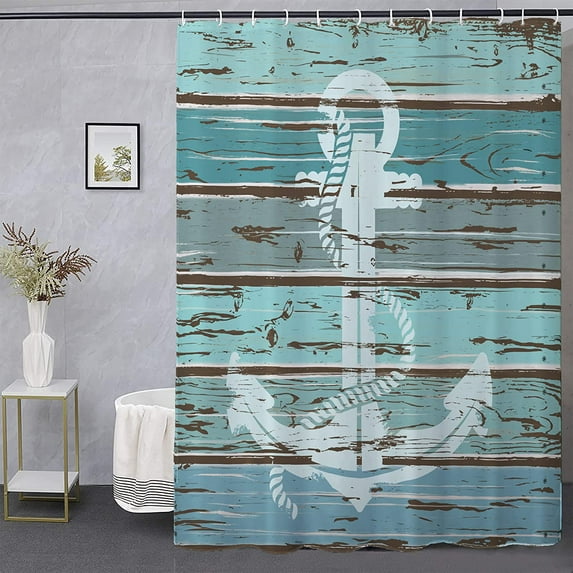 Anchor Shower Curtain Timeworn Wooden Planks Ocean Country Nautical Theme Fabric Curtain with 12 Hooks,72"×72"