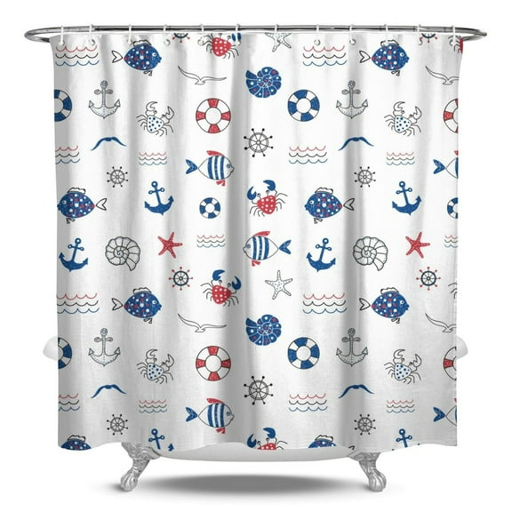 Anchor Shower Curtain Waterproof Fabric, Nautical Coastal Marine Sea Waves Ocean Lighthouse Bathroom Shower Curtain with Plastic Hooks, Map Compass Coral Fishing Travel Pattern