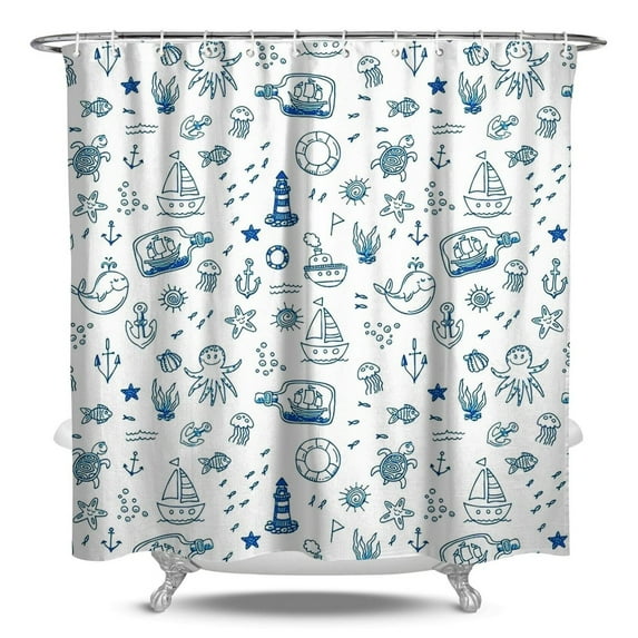 Anchor Shower Curtain Waterproof Fabric, Nautical Coastal Marine Sea Waves Ocean Lighthouse Bathroom Shower Curtain with Plastic Hooks, Map Compass Coral Fishing Travel Pattern