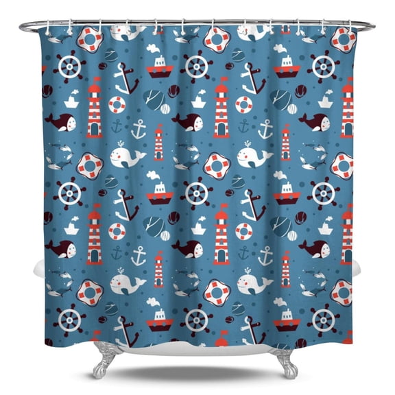 Anchor Shower Curtain Waterproof Fabric, Nautical Coastal Marine Sea Waves Ocean Lighthouse Bathroom Shower Curtain with Plastic Hooks, Map Compass Coral Fishing Travel Pattern