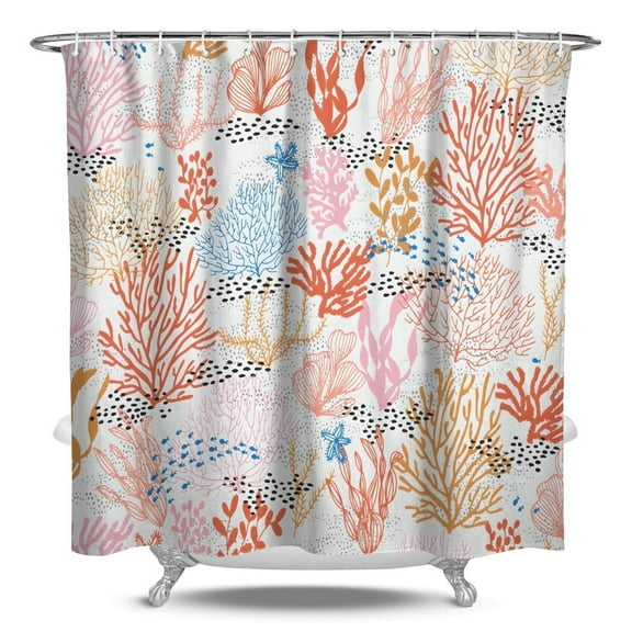 Anchor Shower Curtain Waterproof Fabric, Nautical Tropical Coral Seahorse Starfish Ocean Marine Beach Pattern Bathroom Shower Curtain with Plastic Hooks, Vintage Seaside Summer Design
