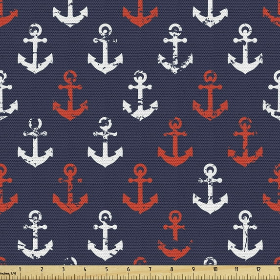 Ambesonne Anchor Fabric by the Yard Upholstery, Abstract Sea Grunge Worn, 1 Yard, Vermilion Dark Blue