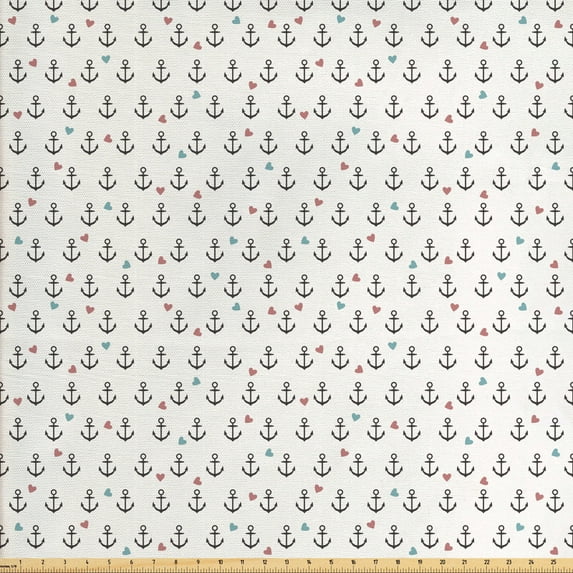 Anchor Sofa Upholstery Fabric by the Yard, Anchors and Colored Hearts Sailor Holiday Escape Seaside Explore Life, Decorative Fabric for DIY and Home Accents, Eggshell Charcoal Grey by Ambesonne