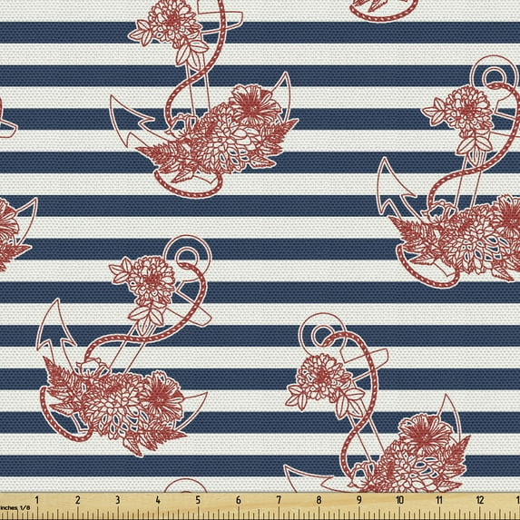 Ambesonne Floral Fabric by the Yard Upholstery, Anchor Striped Backdrop, 1 Yard, White Blue and Red