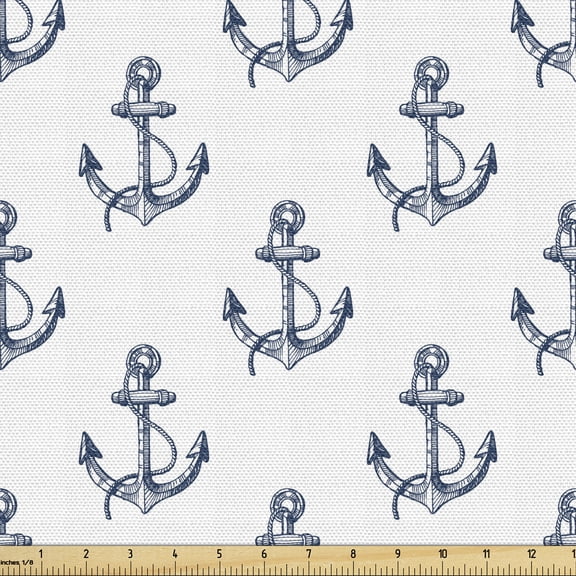 Ambesonne Anchor Fabric by the Yard Upholstery, Summer Vacation Sketch, 1 Yard, Dark Blue White