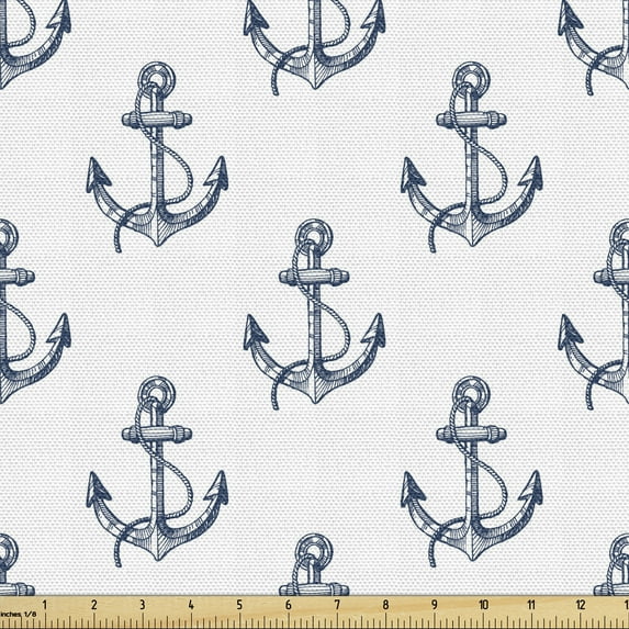 Ambesonne Anchor Fabric by the Yard Upholstery, Summer Vacation Sketch, 1 Yard, Dark Blue White