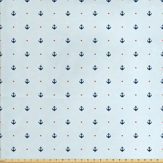 Ambesonne Anchor Fabric by the Yard Upholstery, Red Hearts Nautical, 2 Yards, Pale Blue Dark Blue Red