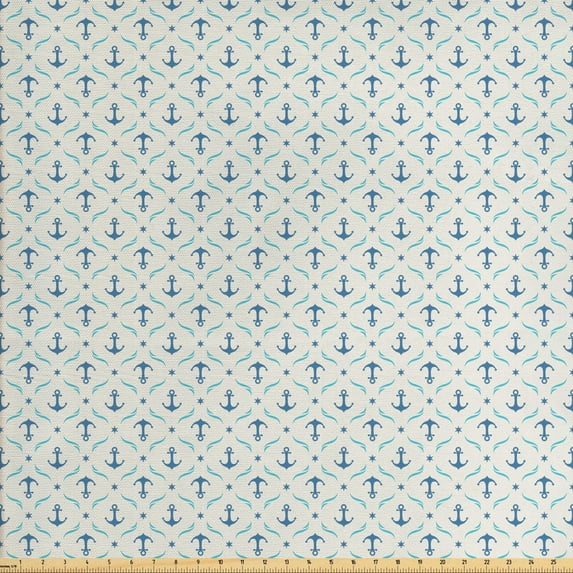 Ambesonne Anchor Fabric by the Yard Upholstery, Yachting Waves Stars, 3 Yards, Beige Blue Pale Blue