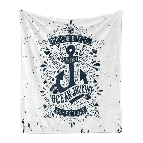 Anchor Soft Flannel Fleece Blanket, Adventure and Exploration Themed Arrangement with Swirls and Paisley Shapes, Cozy Plush for Indoor and Outdoor Use, 60" x 80", Dark Blue and White, by Ambesonne
