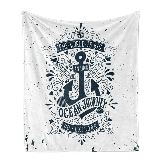 Anchor Soft Flannel Fleece Blanket, Adventure and Exploration Themed Arrangement with Swirls and Paisley Shapes, Cozy Plush for Indoor and Outdoor Use, 60" x 80", Dark Blue and White, by Ambesonne