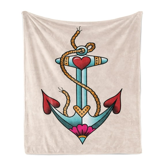 Anchor Soft Flannel Fleece Blanket, Colorful Anchor Design with Rope and Heart Motifs Traditional Nautical Arrangement, Cozy Plush for Indoor and Outdoor Use, 50" x 70", Multicolor, by Ambesonne