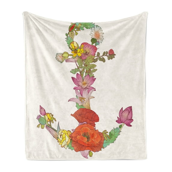 Anchor Soft Flannel Fleece Blanket, Composition with Different Detailed Spring Flowers Blooming Nature and Marine Life, Cozy Plush for Indoor and Outdoor Use, 60" x 80", Multicolor, by Ambesonne
