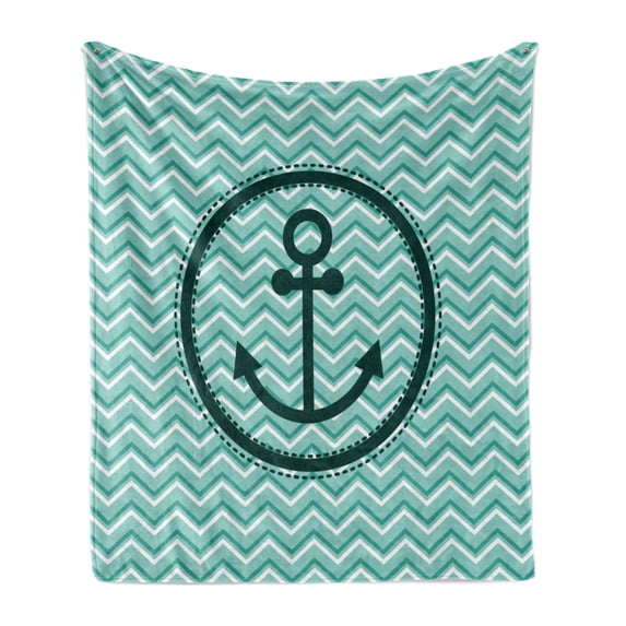 Anchor Soft Flannel Fleece Blanket, Horizontal Zig Zag Pattern Background Anchor Image Circle Shape Medallion, Cozy Plush for Indoor and Outdoor Use, 50" x 70", Dark Green Turquoise, by Ambesonne