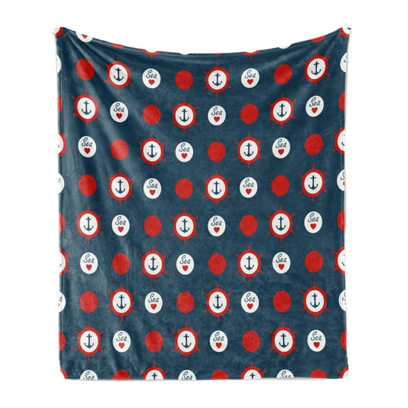 Anchor Soft Flannel Fleece Blanket, Nautical Pattern with Steering Wheels Big Red Polka Dots Hearts Sea Love, Cozy Plush for Indoor and Outdoor Use, 70" x 90", Night Blue Vermilion, by Ambesonne