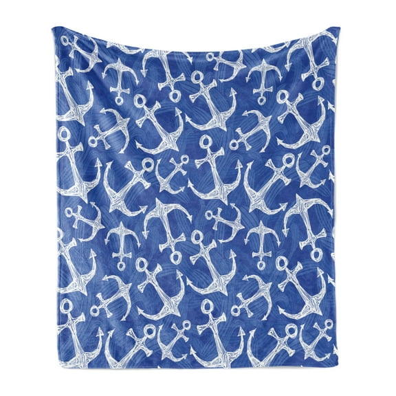 Anchor Soft Flannel Fleece Blanket, Sea Anchor with Weird Modern Lines Marine Life Equipments Sailing Hope Image, Cozy Plush for Indoor and Outdoor Use, 50" x 70", Azure Blue White, by Ambesonne