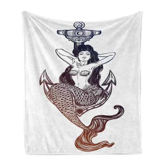 Anchor Soft Flannel Fleece Blanket, Sketch Style Mermaid with Seashells and Scales Mythological Creature Design, Cozy Plush for Indoor and Outdoor Use, 50" x 70", Navy Blue and White, by Ambesonne