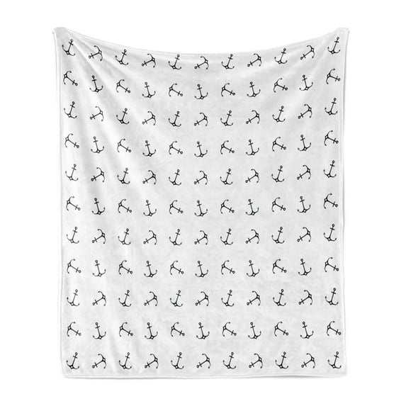 Anchor Soft Flannel Fleece Blanket, Vintage Monochrome Anchor Silhouettes with Hearts Nautical Tattoo Arrangement, Cozy Plush for Indoor and Outdoor Use, 70" x 90", Black and White, by Ambesonne