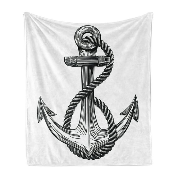 Anchor Soft Flannel Fleece Blanket, Vintage Sketch Style Monochrome Rope Arrangement Naval Equipment Illustration, Cozy Plush for Indoor and Outdoor Use, 60" x 80", Black and White, by Ambesonne
