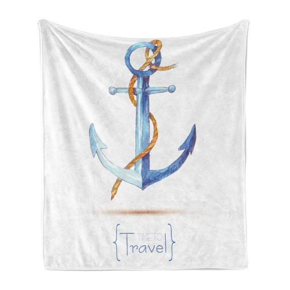 Anchor Soft Flannel Fleece Blanket, Watercolors Anchor and Rope Time to Travel Classic Sail Emblem Drogue Voyage, Cozy Plush for Indoor and Outdoor Use, 70" x 90", Blue White Brown, by Ambesonne