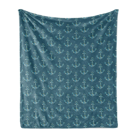 Anchor Soft Flannel Fleece Throw Blanket, Anchors with Maritime Fishes Underwater Sea Animals, Cozy Plush for Indoor and Outdoor Use, 70" x 90", Petrol Blue Sky Blue, by Ambesonne