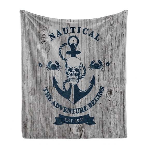 Anchor Soft Flannel Fleece Throw Blanket, Art Skull Rope Nautical the Adventure Begins Message Historic Marine Print, Cozy Plush for Indoor and Outdoor Use, 60" x 80", Beige Navy Blue, by Ambesonne