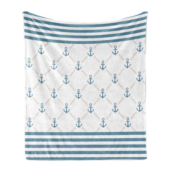 Anchor Soft Flannel Fleece Throw Blanket, Blue Stripes Frame Abstract Lines and Chain Symmetrical Pattern, Cozy Plush for Indoor and Outdoor Use, 50" x 60", Slate Blue White, by Ambesonne