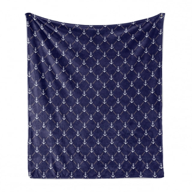 Anchor Soft Flannel Fleece Throw Blanket, Checkered Pattern with Chain and Marine Ocean Cruise Vacation, Cozy Plush for Indoor and Outdoor Use, 50" x 60", Royal Blue White, by Ambesonne