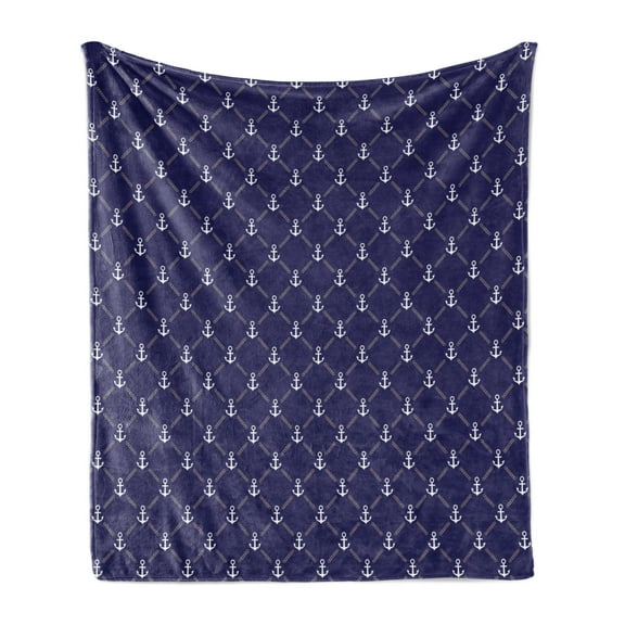 Anchor Soft Flannel Fleece Throw Blanket, Checkered Pattern with Chain and Marine Ocean Cruise Vacation, Cozy Plush for Indoor and Outdoor Use, 50" x 70", Royal Blue White, by Ambesonne