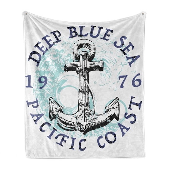 Anchor Soft Flannel Fleece Throw Blanket, Deep Blue Sea Pacific Coast Vintage Emblem from 1976 Grungy Display, Cozy Plush for Indoor and Outdoor Use, 60" x 80", Dark Blue Black, by Ambesonne