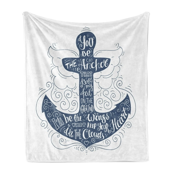 Anchor Soft Flannel Fleece Throw Blanket, Doodle Style Maritime Motif with Swirls and Curls Words Design, Cozy Plush for Indoor and Outdoor Use, 50" x 60", Blue and White, by Ambesonne