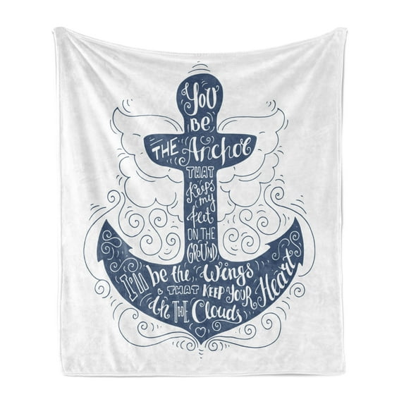 Anchor Soft Flannel Fleece Throw Blanket, Doodle Style Maritime Motif with Swirls and Curls Words Design, Cozy Plush for Indoor and Outdoor Use, 50" x 70", Blue and White, by Ambesonne