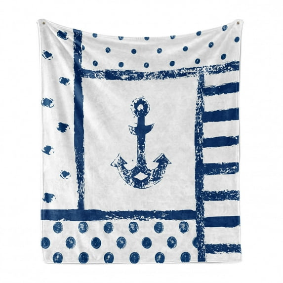 Anchor Soft Flannel Fleece Throw Blanket, Grunge Murky Boat Marine Silhouette Polka and Stripe Retro Navy Theme Art, Cozy Plush for Indoor and Outdoor Use, 50" x 60", Dark Blue White, by Ambesonne