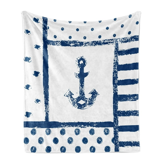 Anchor Soft Flannel Fleece Throw Blanket, Grunge Murky Boat Marine Silhouette Polka and Stripe Retro Navy Theme Art, Cozy Plush for Indoor and Outdoor Use, 60" x 80", Dark Blue White, by Ambesonne
