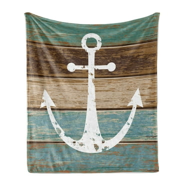 Anchor Soft Flannel Fleece Throw Blanket, Grunge Style Marine on Digitally Generated Horizontal Wooden Planks Image, Cozy Plush for Indoor and Outdoor Use, 50" x 70", Multicolor, by Ambesonne
