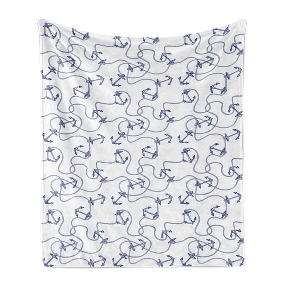Anchor Soft Flannel Fleece Throw Blanket, Hand Drawn Anchors and Entangled Ropes Nautical Equipment Artwork Monochrome, Cozy Plush for Indoor and Outdoor Use, 50" x 70", Navy Blue White, by Ambesonne