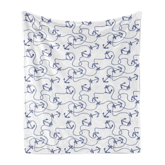 Anchor Soft Flannel Fleece Throw Blanket, Hand Drawn Anchors and Entangled Ropes Nautical Equipment Artwork Monochrome, Cozy Plush for Indoor and Outdoor Use, 70" x 90", Navy Blue White, by Ambesonne