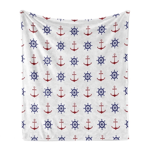 Anchor Soft Flannel Fleece Throw Blanket, Maritime Design Anchors and Ship Wheels on the White Background Art Print, Cozy Plush for Indoor and Outdoor Use, 50" x 70", Navy Blue and Ruby, by Ambesonne