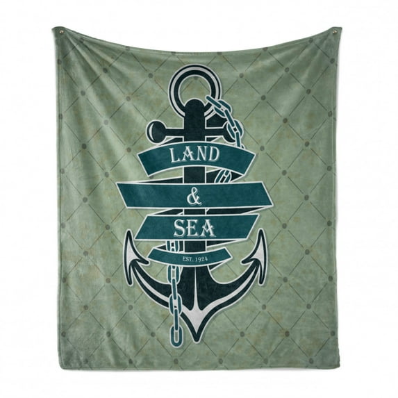 Anchor Soft Flannel Fleece Throw Blanket, Nautical Themed with Land and Sea Text on Rhomb Check, Cozy Plush for Indoor and Outdoor Use, 60" x 80", Teal Pale Green, by Ambesonne