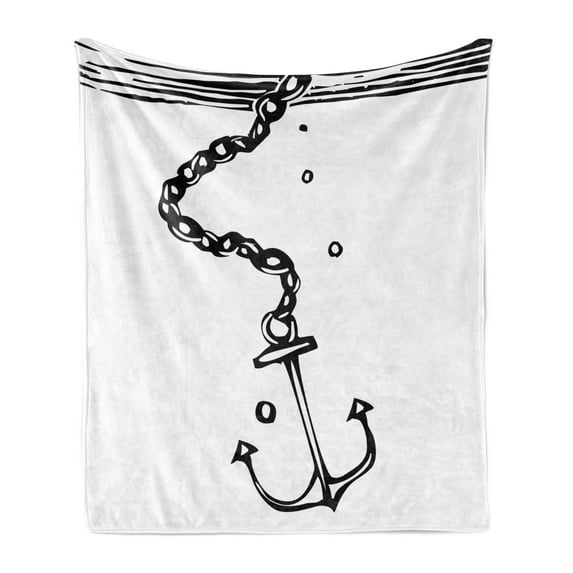Anchor Soft Flannel Fleece Throw Blanket, Nautical Themed Monochrome Illustration with Chains and Sinking Anchor Naval, Cozy Plush for Indoor and Outdoor Use, 70" x 90", Black and White, by Ambesonne