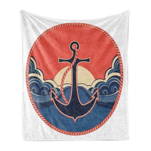 Anchor Soft Flannel Fleece Throw Blanket, Navy Emblem with Rope and Sea Waves at Sunset Anchor Retro Aquatic Life, Cozy Plush for Indoor and Outdoor Use, 70" x 90", Red Blue Yellow, by Ambesonne