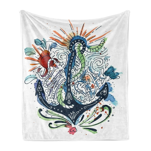 Anchor Soft Flannel Fleece Throw Blanket, Ornate Ship Anchor Sun Heart Sea Lettering Mooring Tourists Naval Summer Design, Cozy Plush for Indoor and Outdoor Use, 50" x 70", Multicolor, by Ambesonne