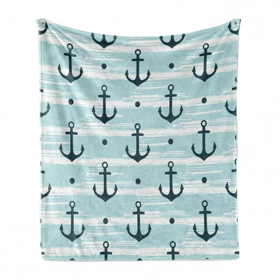 Anchor Soft Flannel Fleece Throw Blanket, Pattern with Anchors Modern Adventurous Striped Coastline Marine, Cozy Plush for Indoor and Outdoor Use, 50" x 60", Pale Blue Dark Green, by Ambesonne