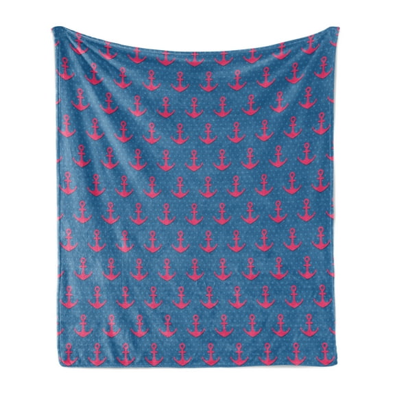 Anchor Soft Flannel Fleece Throw Blanket, Pink on Blue Polka Dotted Background Retro Nautical Pattern Print, Cozy Plush for Indoor and Outdoor Use, 50" x 60", Magenta Violet Blue, by Ambesonne