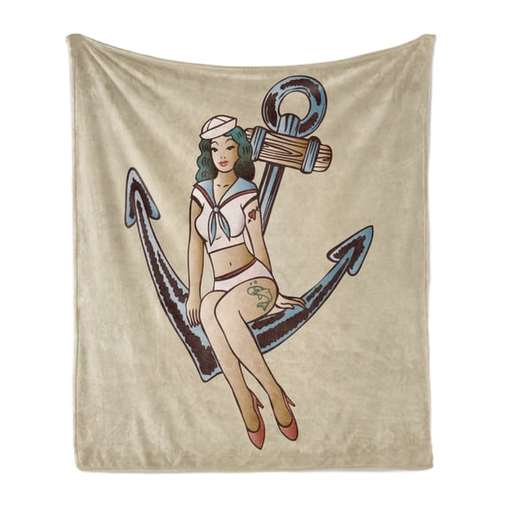 Anchor Soft Flannel Fleece Throw Blanket, Pinup Girl Sailor Outfit Shark and Heart Tattoo Vintage Twenties Illustration, Cozy Plush for Indoor and Outdoor Use, 70" x 90", Multicolor, by Ambesonne