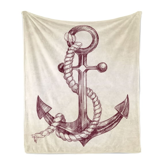 Anchor Soft Flannel Fleece Throw Blanket, Realistic Hand Drawn Sketch Marine Vintage Design Sails Yacht Boat Cruise, Cozy Plush for Indoor and Outdoor Use, 50" x 60", Dark Mauve Cream, by Ambesonne