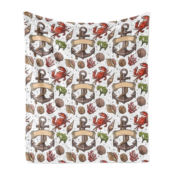 Anchor Soft Flannel Fleece Throw Blanket, Sea Shell Coral Crab and Anchor with Ribbon and Rope Vintage Aquatic Composition, Cozy Plush for Indoor and Outdoor Use, 60" x 80", Multicolor, by Ambesonne