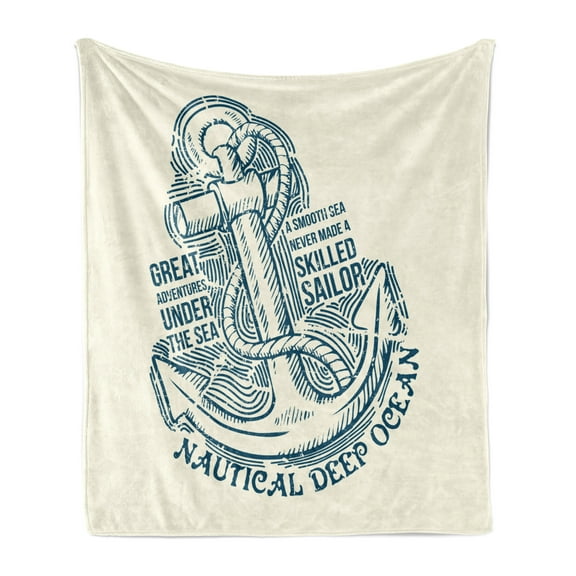 Anchor Soft Flannel Fleece Throw Blanket, Anchor Skilled Sailor Adventures Under the Sea Nautical Vintage Art, Cozy Plush for Indoor and Outdoor Use, 70" x 90", Blue Cream, by Ambesonne