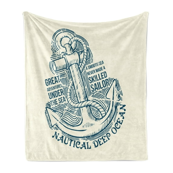 Anchor Soft Flannel Fleece Throw Blanket, Anchor Skilled Sailor Adventures Under the Sea Nautical Vintage Art, Cozy Plush for Indoor and Outdoor Use, 70" x 90", Blue Cream, by Ambesonne