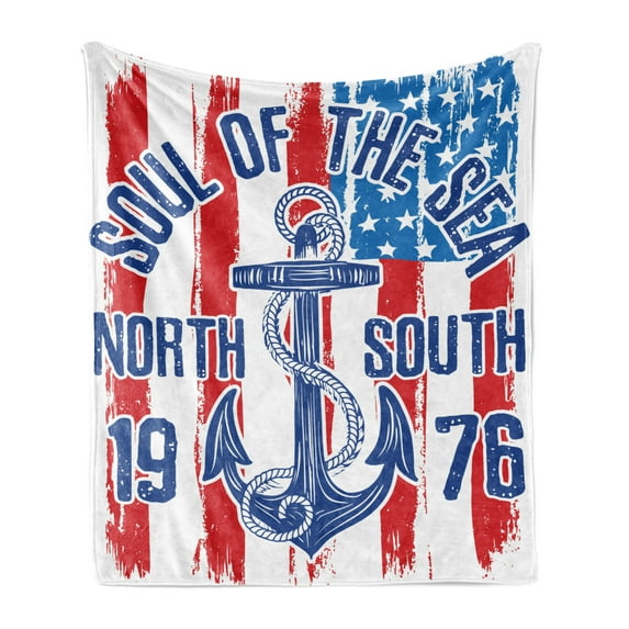 Anchor Soft Flannel Fleece Throw Blanket, Vintage Design Anchor with Rope on Grungy American Flag Soul of the Sea Art, Cozy Plush for Indoor and Outdoor Use, 60" x 80", Blue Red White, by Ambesonne